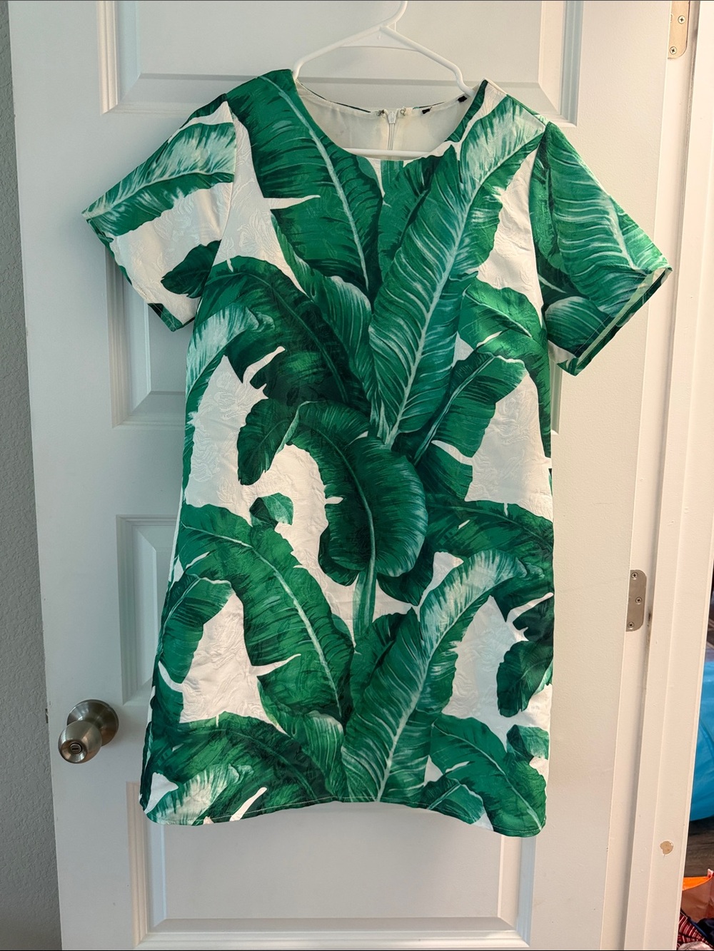 White Shift Dress with Green Tropical Leaf Print